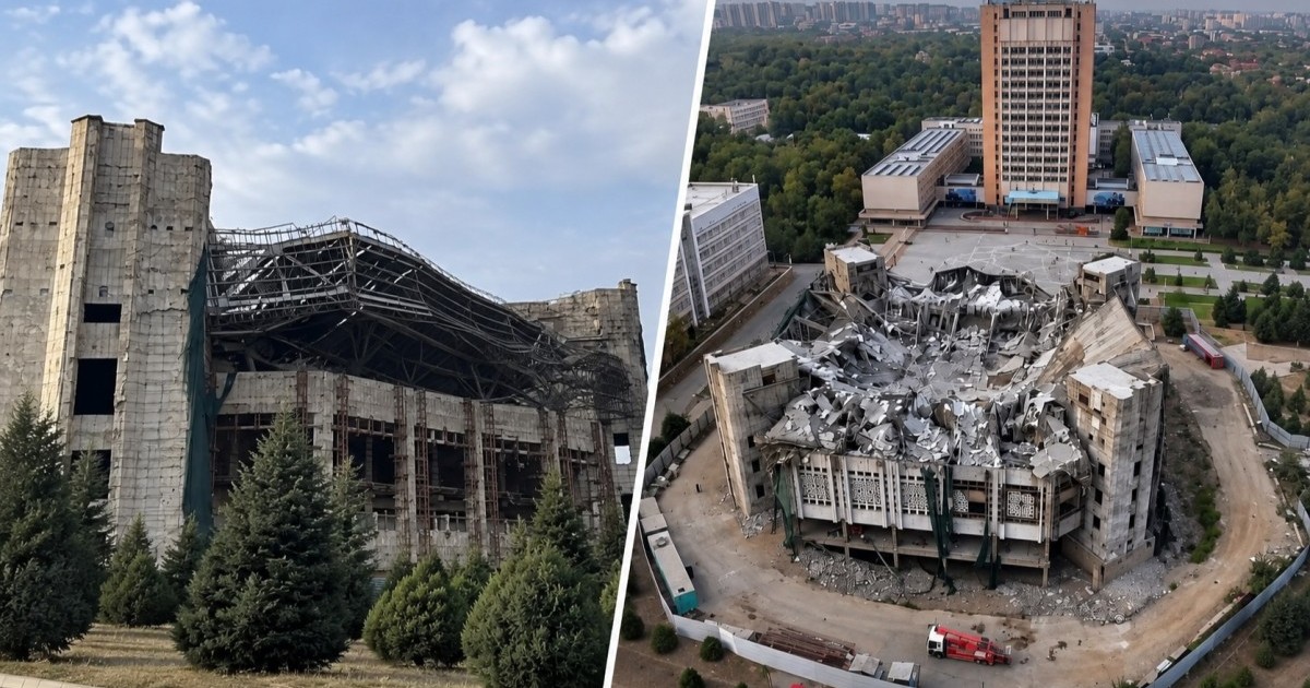 В Алматы обрушилась часть крыши Дворца студентов КазНУ